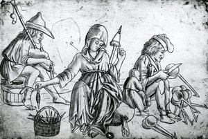 Scene with a musician playing the bagpipes, a woman spinning and a man carving spoons by Unbekannt Unbekannt